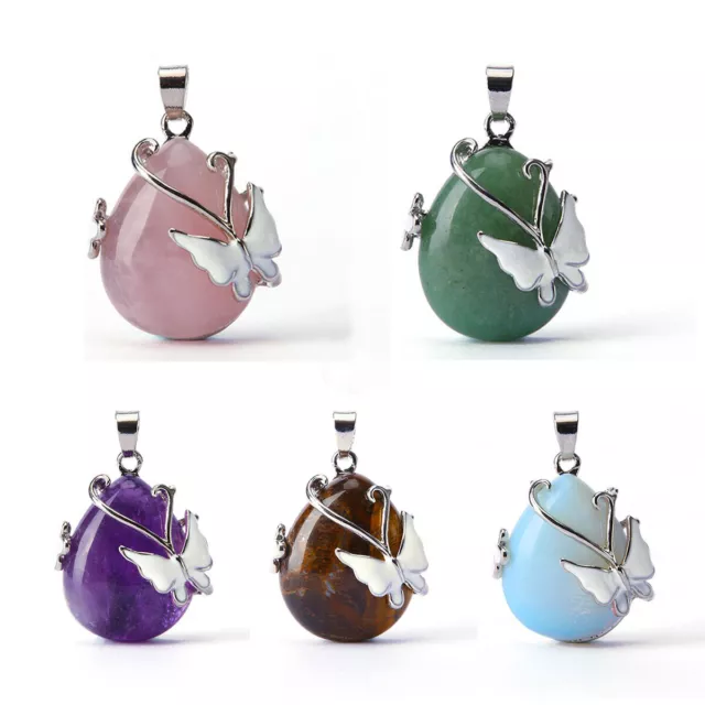 Natural Waterdrop Carved Gemstone Enamel Butterfly Pendant Reiki Healing Charm