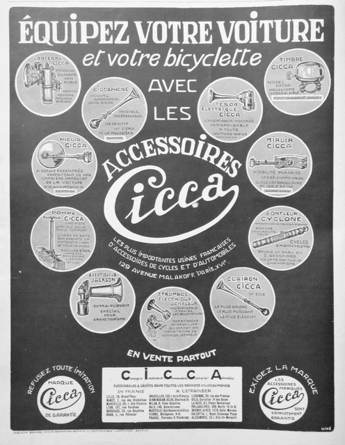 Publicité Presse 1926 Accessoires Cicca Équipez Votre Voiture Et Bicyclette