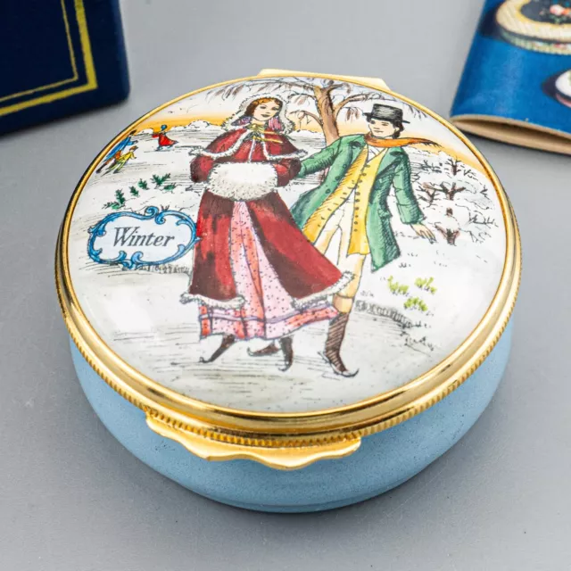 Halcyon Days Enamels Trinket Box Winter Season Couple Ice Skating Fox Landscape