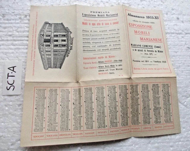Calendario Almanacco 1933- Xi Esposizione Mobili Marianese Mariano Comense