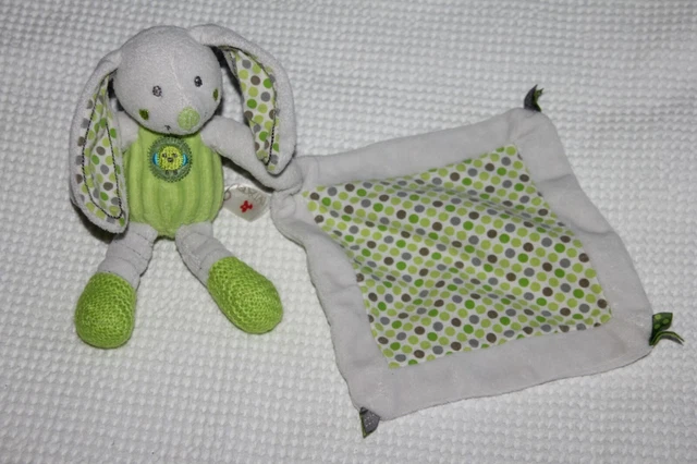 Doudou Nicotoy Lapin  Mouchoir Blanc Vert Pois