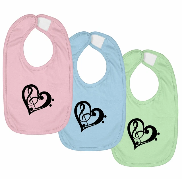 3-SET Infant Baby Bib Hook & Loop Closure Gift Print Bass Clef Heart Treble Love
