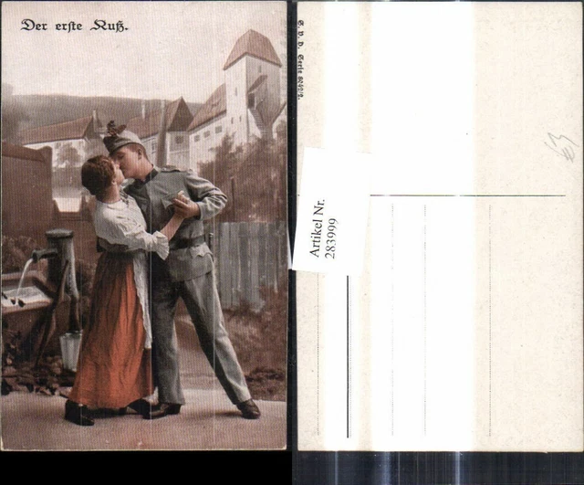 283999,LIEBE PAAR SOLDAT Der erste Kuss b. Brunnen Spruch EUR 1,50