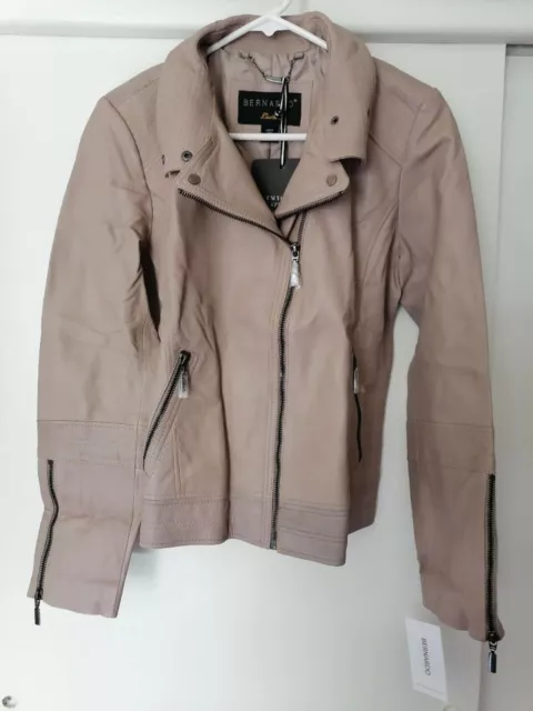 BERNARDO Leather Moto Jacket In Soft Taupe, Size M