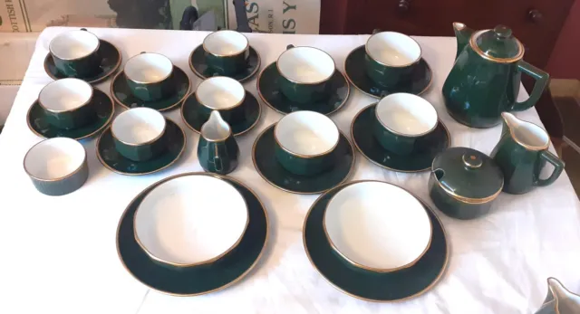 Vintage Apilco green and gold tea/coffee  Cups, Saucers, Sug Pot, Milk Jug