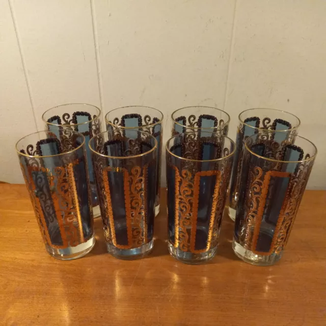 Libbey Imperial Gold Filigree Scroll Juniper Emerald Green Highball Glasses Vtg