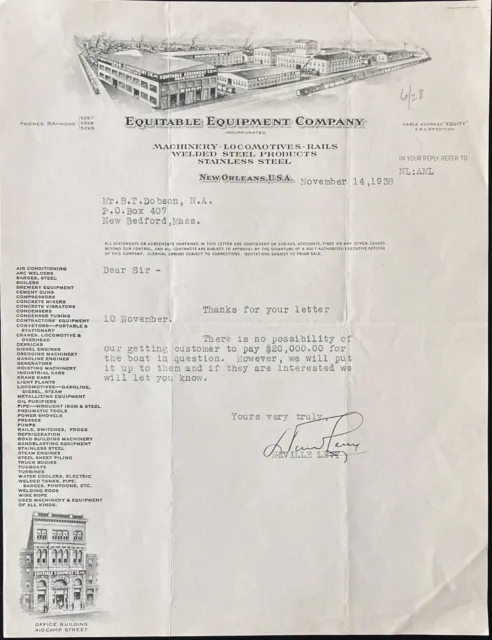 1938 Letterhead~Equitable Equipment Co. New Orleans. Machinery And Locomotive