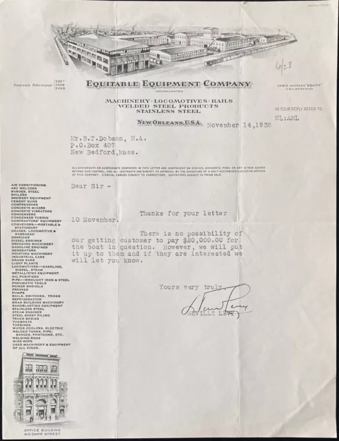 1938 Letterhead~Equitable Equipment Co. New Orleans. Machinery And Locomotive