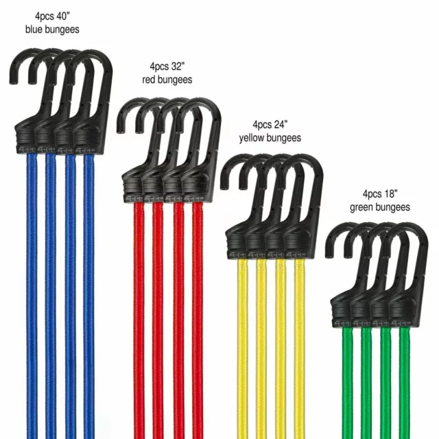 Bungee Cord 16 Pc Set Tie Downs Help Moving Storage Bag 18, 24, 32, 40 Inches