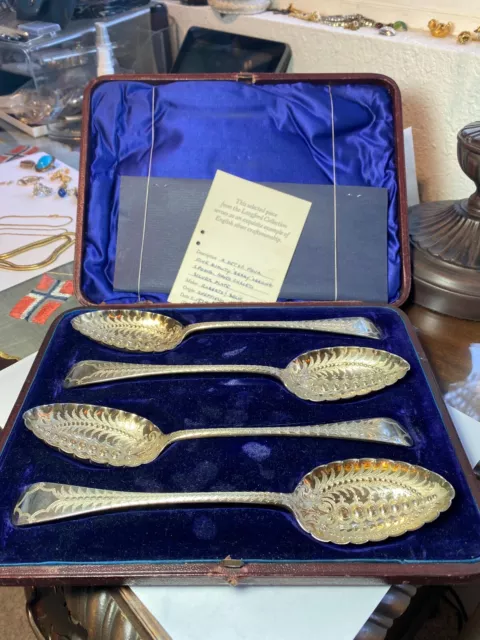 1875 English Sheffield Silver Roberts & Belk Cased Berry Spoon Set Fine Quality