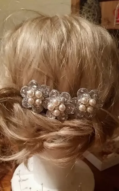 Handmade silver pearl and rhinestone bridal headpiece / fascinator