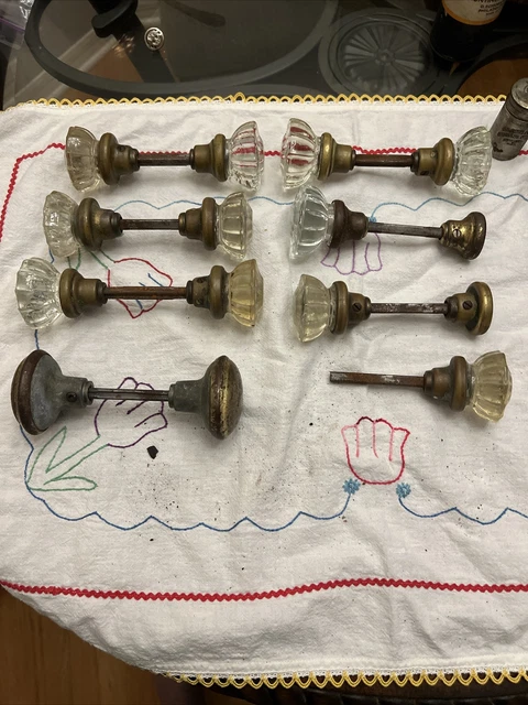 Vintage 11 Point Glass Door Knobs with Spindles, 2 Steel Door Handle, lot of 8.5
