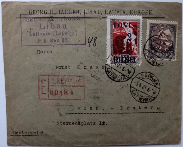 1921 Latvia Lettonia Libau Leepaja E-Cover Overprint Divi 2 Rubli, to Austria