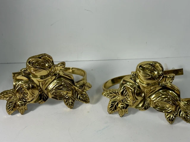 VTG BRASS Curtain Tiebacks 2 Solid Brass Rose Flower Tie Backs Holdbacks Set (2)