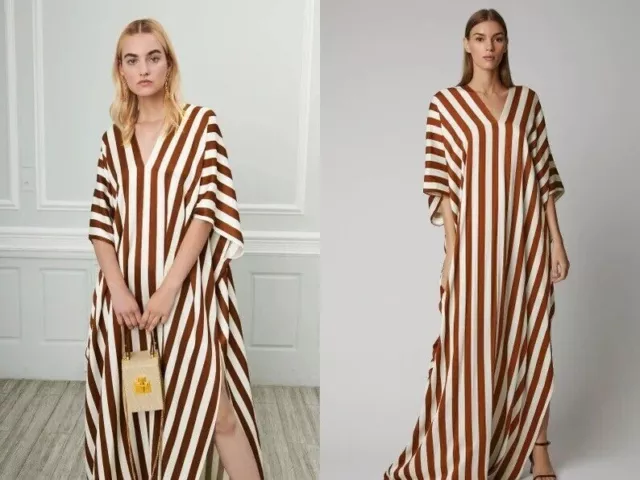 Striped Fashion Satin Silk Kaftan Maxi Beach Coverups for Women UK Casual Kaftan