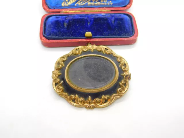 Victorian Pinchbeck Gold, Black Enamel & Hair Weave Mourning Brooch c1850