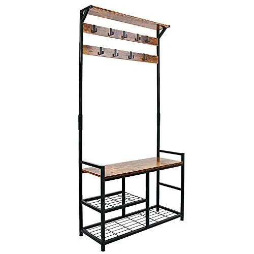 HOMEKOKO Coat Rack Shoe Bench Hall Tree Entryway Storage Bench Wood Look Acce...