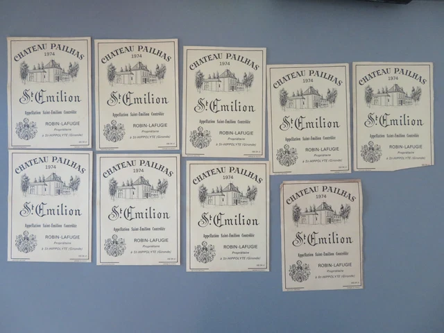 1974 lot 9 wine labels Chateau Pailhas St. Emilion Robin Lafugie St. Hippolyte