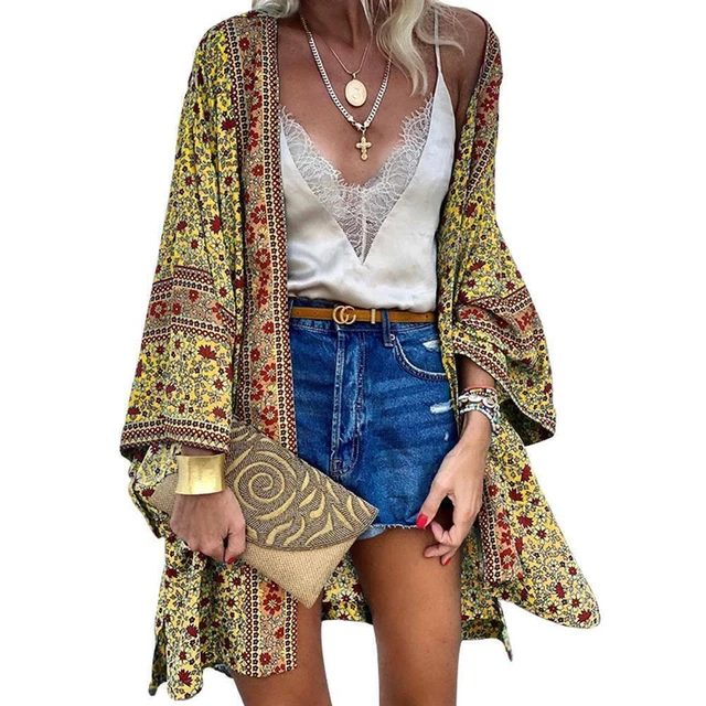 Women's Bohemia Long Kimono Cardigan Open Front Boho Hippie Blouse Bikini Cover