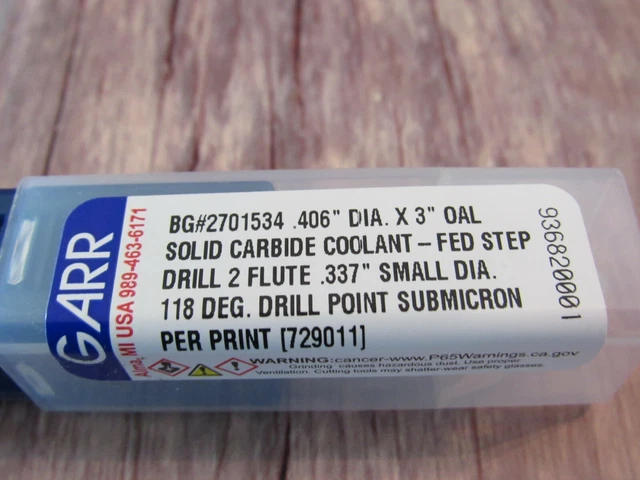Garr .406 Diameter Solid Carbide Coolant Fed 2 Flute Step Drill Bit - Nib 2