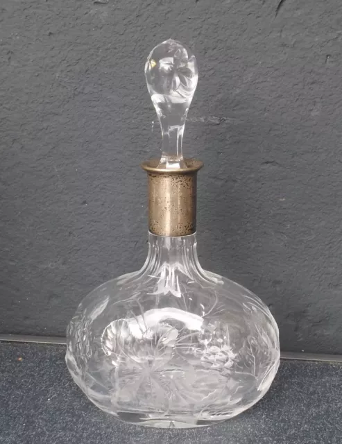 schöne  Kristallglas Karaffe/Flasche  mit Glasstopfen Silbermontur  Widmung 1935