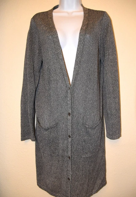 Eileen Fisher Blue Gray Linen Blend Open Knit Long Cardigan Sweater Womens M