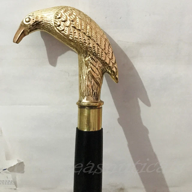 Canne De Marche Ancienne – Poignée Tête De Pilier En Argent Massif – Bois Et Laiton – Reproduction