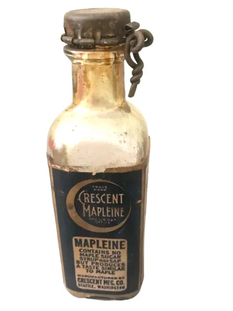 Antique Crescent Mapleine Glass Bottle Paper Label 4 1/4" Swing/Flip Top RARE
