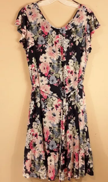 CHETTA B XL Spring Dress Sheer Floral Over Black Belted Flutter Sleeve V-Back