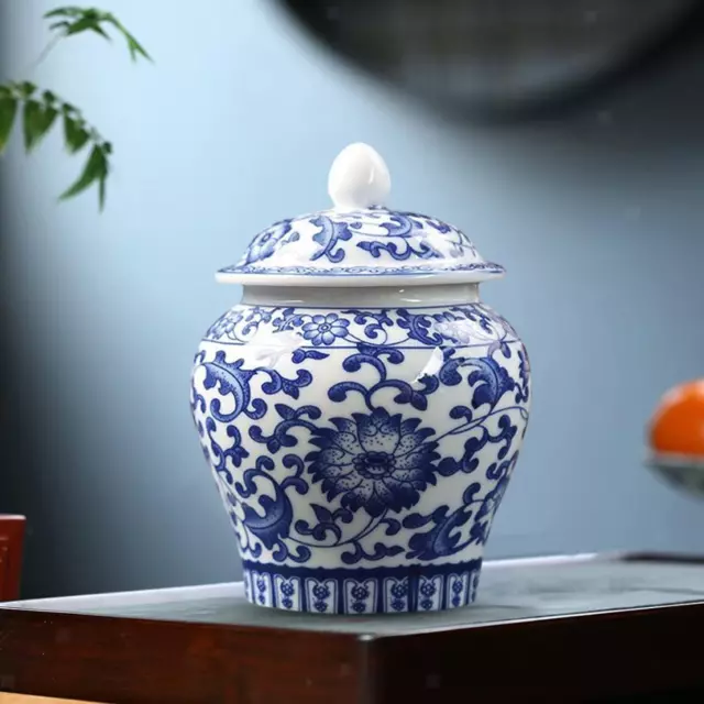 Blue and White Ceramic Glazed Temple Jar Vase with Lid Floral Arrangement