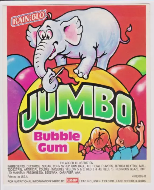 Rain-Blo Jumbo Bubble Gum Vending Machine Advertising Card 1980s Leaf Card