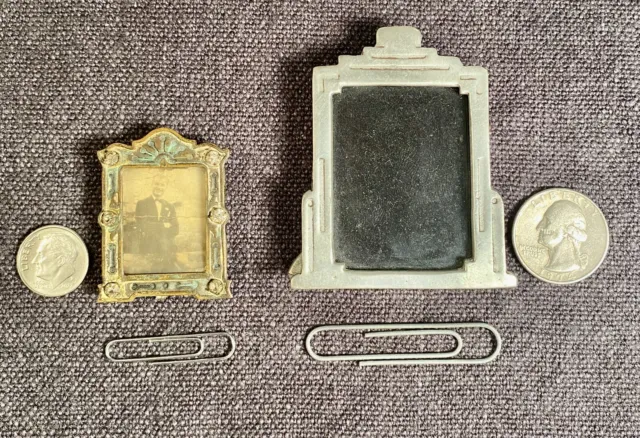 2 Vintage Miniature Standing Photo Frames Pewter and Metal Cast Rhinestones    