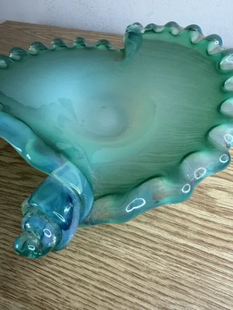 Vintage shell shaped art glass turqoise and opalescent glass dish bowl Murano?
