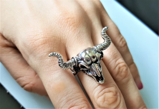 PLATA DE LEY 925 RAM Anillo Calavera Brutal Motero Rock Punk