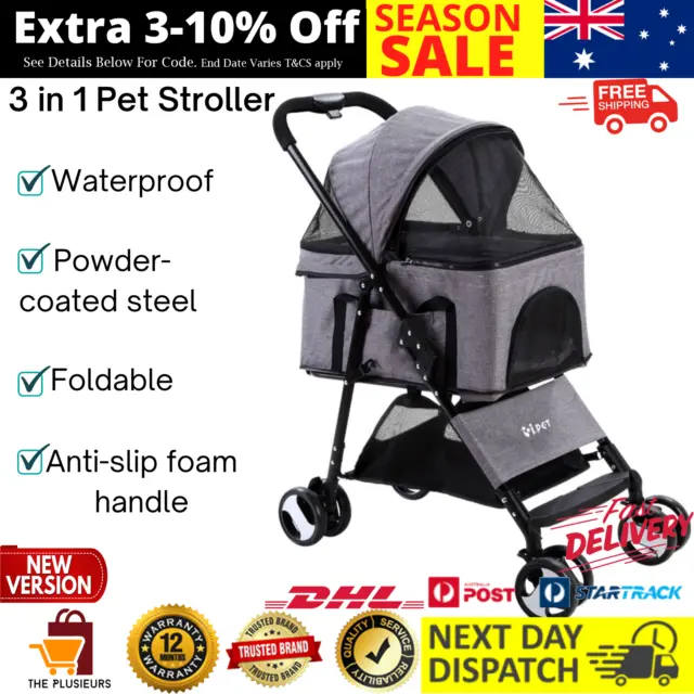 i.Pet Pet Stroller Dog Carrier Foldable Pram 3 IN 1 Middle Size Grey Pushchair