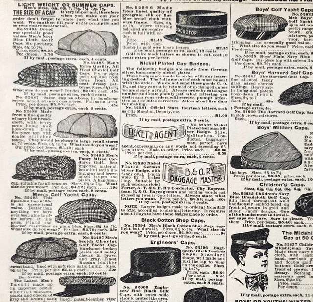 1900 Railroad Military Hats Advertisement Victorian Sears Roebuck 5.25 x 7"