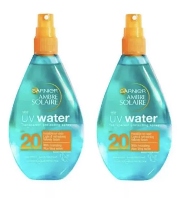 2x Ambre Solaire UV Water Aloe Vera Clear Sun Cream Spray - SPF20 - 150ml - New