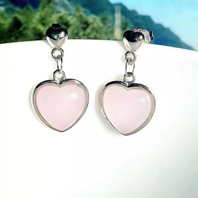 925 Sterling Silver Rose Quartz Cute Love Heart Dangle/Drop Stud Earrings Gift