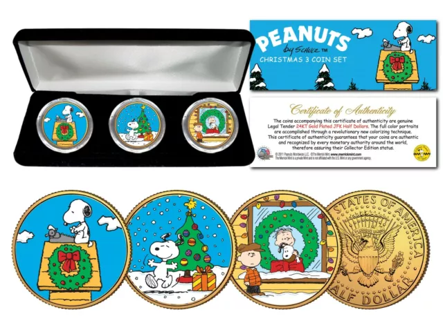 PEANUTS CHRISTMAS Snoppy XMAS Tree Wreath 24K JFK Half Dollar 3-Coin Set w/ Box