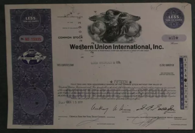 Western Union International, Inc. 1970 15 Shares