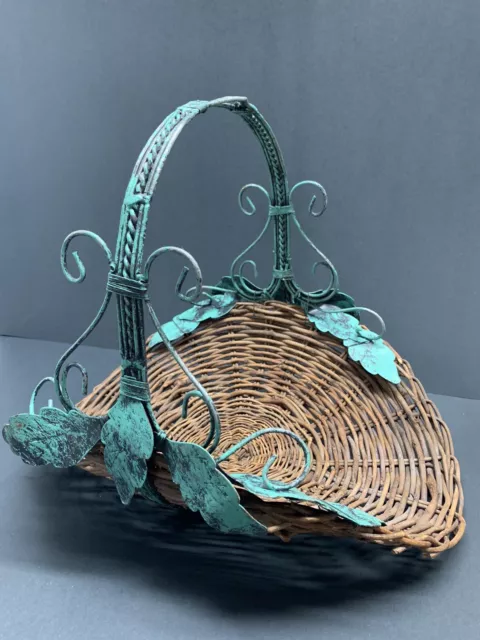 Vintage Oval Wicker Gathering Flower Basket With Teal Metal Accents Cottage Core