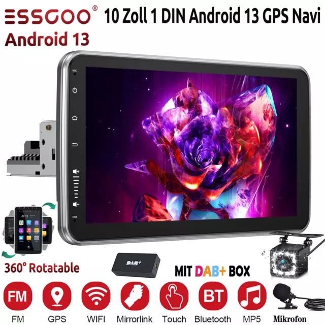 10" 1 DIN Android 13 Autoradio Drehbar 360° Bildschirm GPS Navi DAB+ WIFI Kamera