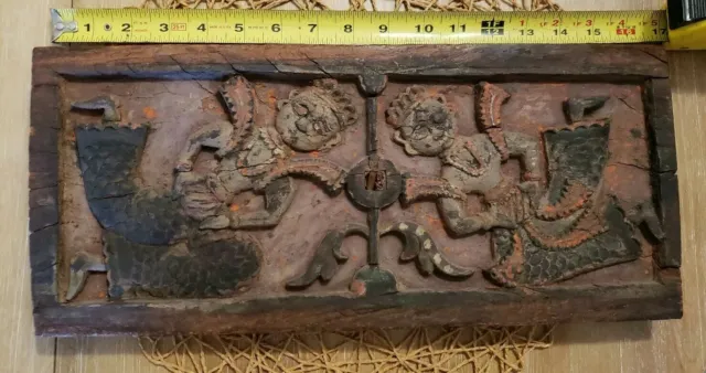 antique Asian wood carved plaque  temple  architectural salvage 16.25"