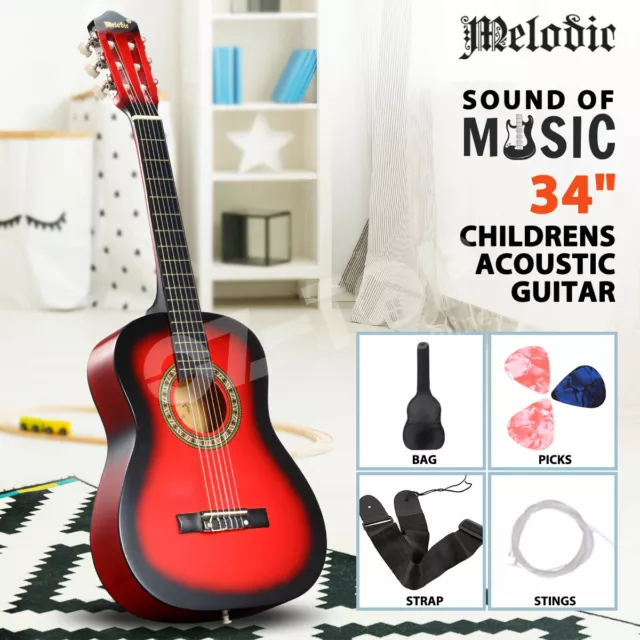 Melodic 34inch Acoustic Guitar Wooden with 6 Strings Tuner Bag for Kids Gift