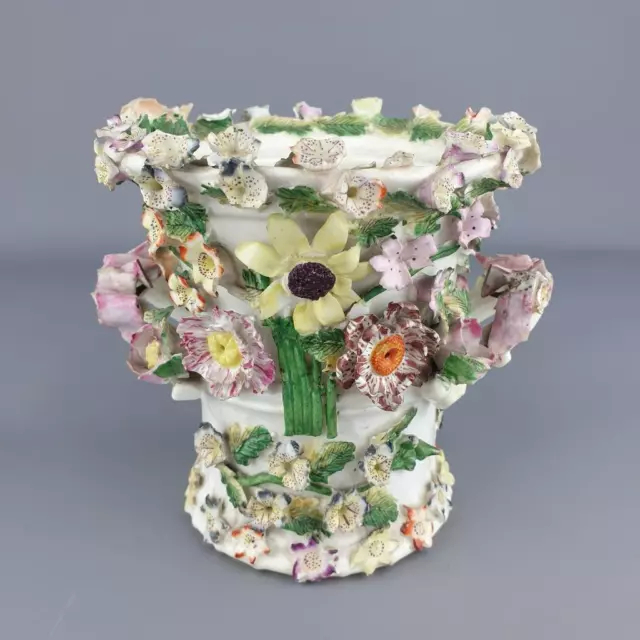 Good Antique 18thC Rockingham Vase, Flower Encrusted.