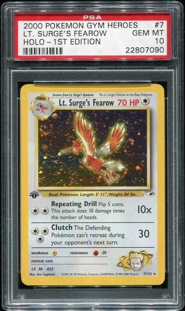 PSA 10 1st Edition Mint Lt. Surge's Fearow Holo #7/132 Pokemon Gym Heroes Card