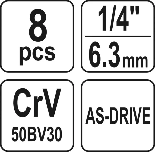 Steckschlüssel Satz 1/4 Zoll lang 8-teilig  YATO YT-14431 Sechskant  5,5 - 13 mm 2