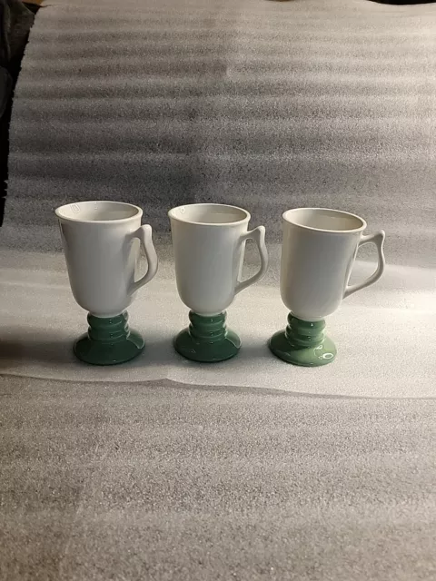 Set of 3 Vintage Hall Footed Pedestal Irish Coffee Mugs #1273 USA Green & White