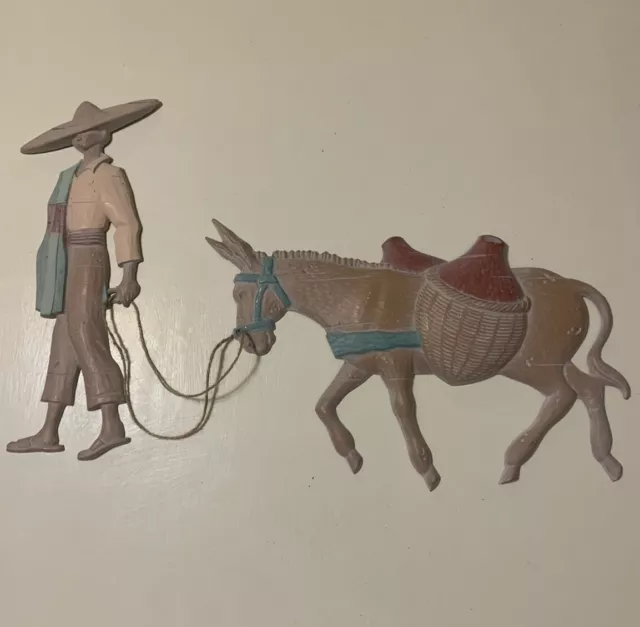 Vintage Bobo Mexican Folk Art Man With Donkey Metal Wall Hanging Southwestern