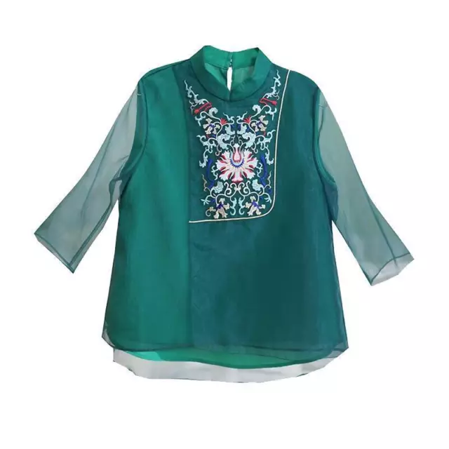 Donna Hanfu Camicia Stile Etnico Camicetta Chiffon Top Rete Ricamato Puro Cinese